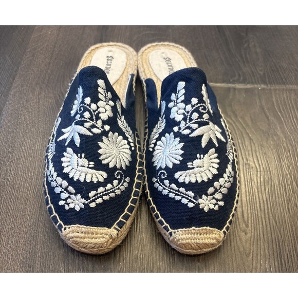 Soludos Floral Espadrilles Blue White Size 10 Flats Mules Boho Embroidered - Picture 1 of 8